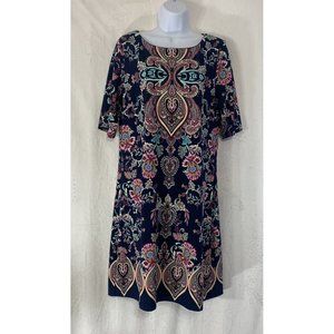 Leslie Fay Womens Dress Size 10 Navy Print Sheath BodyCon Stretch Career